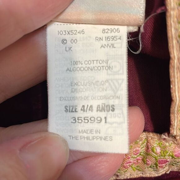 Vintage B.T. Kids Velvet Dress, burgundy, Floral braid, girls 4 - Picture 6 of 8